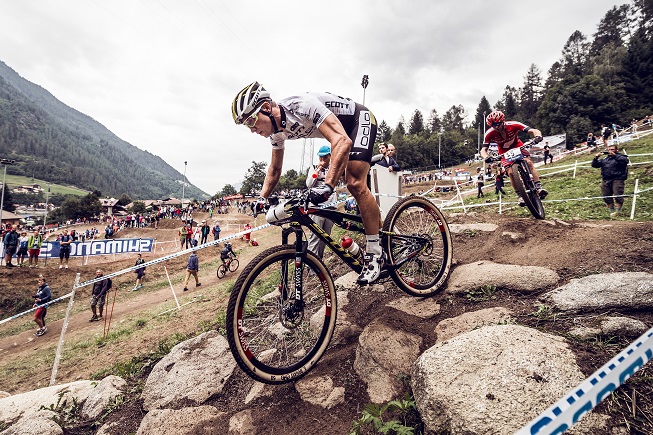 Nino Schurter performs at the UCI World Tour in Val di Sole, Italy on August 23rd, 2015