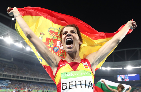 RIO DE JANEIRO, BRAZIL - AUGUST 20:  Ruth Beitia of Spain reacts after winning gold in the Women's High Jump Final on Day 15 of the Rio 2016 Olympic Games at the Olympic Stadium on August 20, 2016 in Rio de Janeiro, Brazil.  (Photo by Ezra Shaw/Getty Images)
