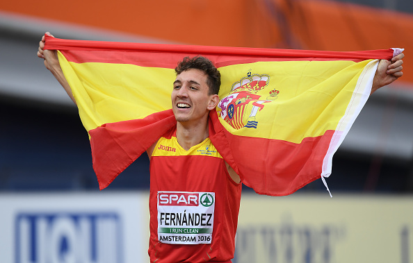 Amsterdam , Netherlands - 8 July 2016; Sergio Fernandez, right, of Spain, who won silver, celebrates after the Men's 400m Hurdles Final on day three of the 23rd European Athletics Championships at the Olympic Stadium in Amsterdam, Netherlands. (Photo By Brendan Moran/Sportsfile via Getty Images)